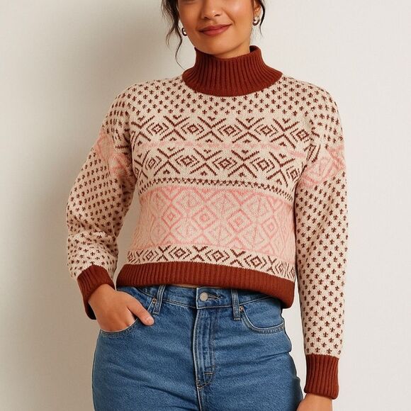 American Eagle Fairisle Mock Neck Cropped Sweater Size M - Picture 1 of 12